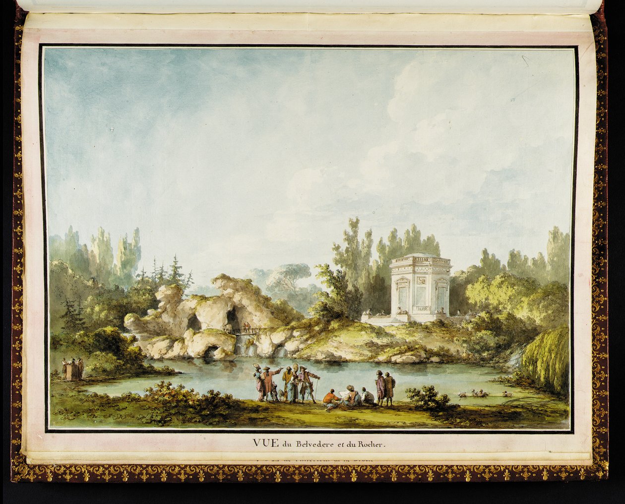 Näkymä Belvederelle ja kalliolle Richard Miquen (1728-94) Recueil des plans du Petit Trianonista tekijältä Claude Louis Chatelet