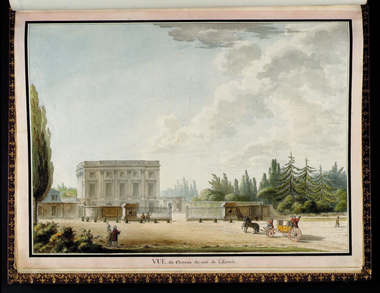Näkymä linnaan sisäänkäynnin puolelta Richard Miquen (1728-94) Recueil des plans du Petit Trianonista tekijältä Claude Louis Chatelet