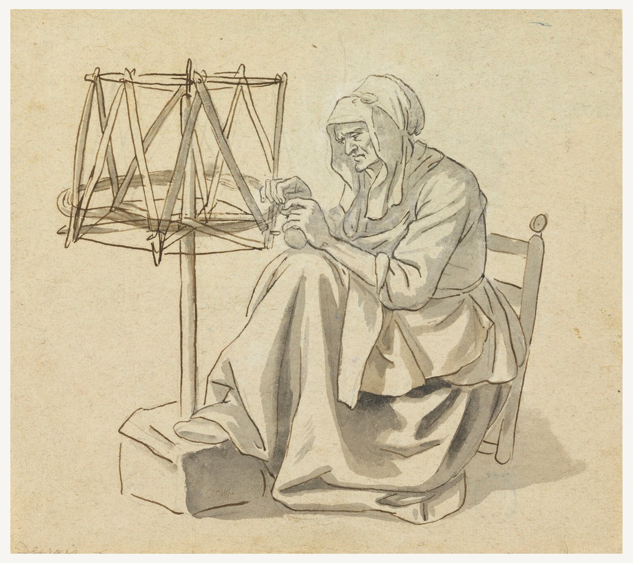 Piirros, Vanha nainen kehräämässä, 1810-30 tekijältä Claude Louis Desrais