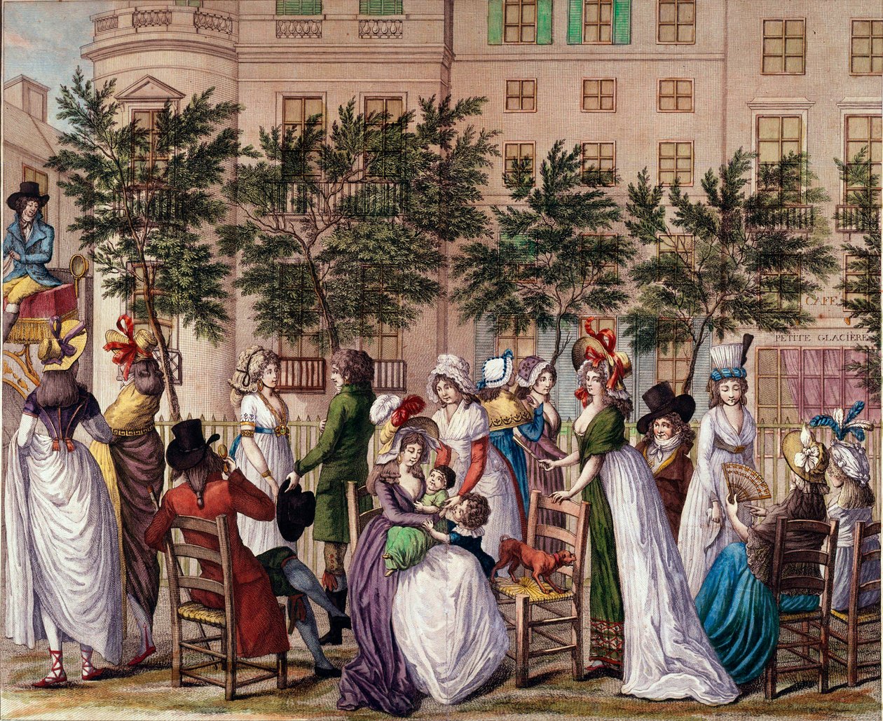 Hallintoneuvoston alainen muoti: "Le petit Coblenz", Boulevard des Italians -promenade Pariisissa. Litografia Claude Louis Desrais (1746-1816) 1798. Paris, Musee Carnavalet tekijältä Claude Louis Desrais