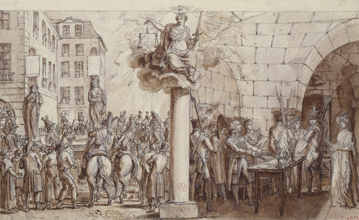 Leski Morin ja hänen tyttärensä Angelique Delaporte Conciergeriessa ja rangaistu kahleilla julkisesti kiristysrikoksesta allekirjoitusten väkivallalla, 1812 (kynä, muste ja pesu paperille tekijältä Claude Louis Desrais