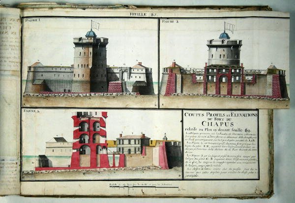 Atlas 131 F fol.85 Chapusin linnoituksen poikkileikkaus ja kohokohdat, Traite de Fortificationsista, n. 1720 tekijältä Claude Masse