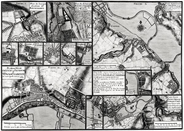 Fol.7 & 98 Kartta Charente-joen varrella sijaitsevista kaupungeista ja palatseista vuonna 1714, Recueil des Plans de Saintongesta (kynä & muste ja wc paperilla) tekijältä Claude Masse