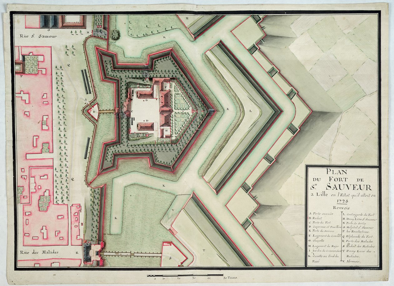 Saint-Sauveurin linnake, Lille, vuonna 1728, Traite de Fortificationsista (kynä, muste ja wc paperilla) tekijältä Claude Masse