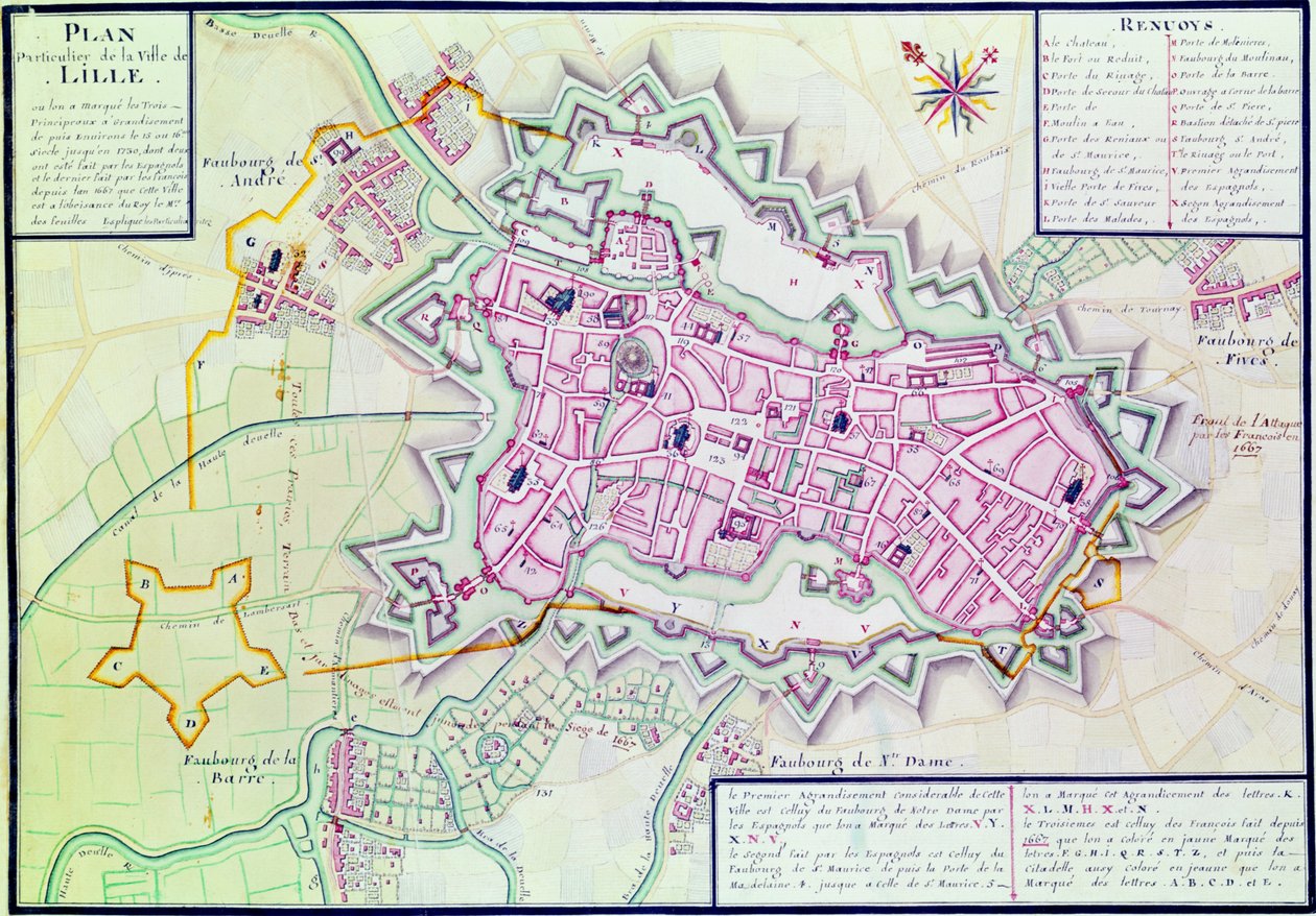 Lillen kaupungin kartta, "Atlas et Histoire de Lille" (kynä, muste ja wc paperilla) tekijältä Claude Masse
