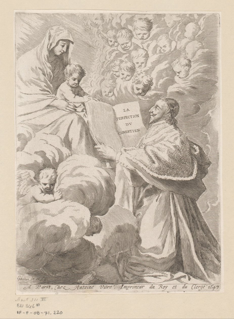 Armand-Jean du Plessis Richelieun herttua lahjoittaa kirjan Marialle lapsen kanssa Nimisivu: Armand-Jean du Plessis Richelieun herttua, Traité de la perfection du chrétien tekijältä Claude Mellan