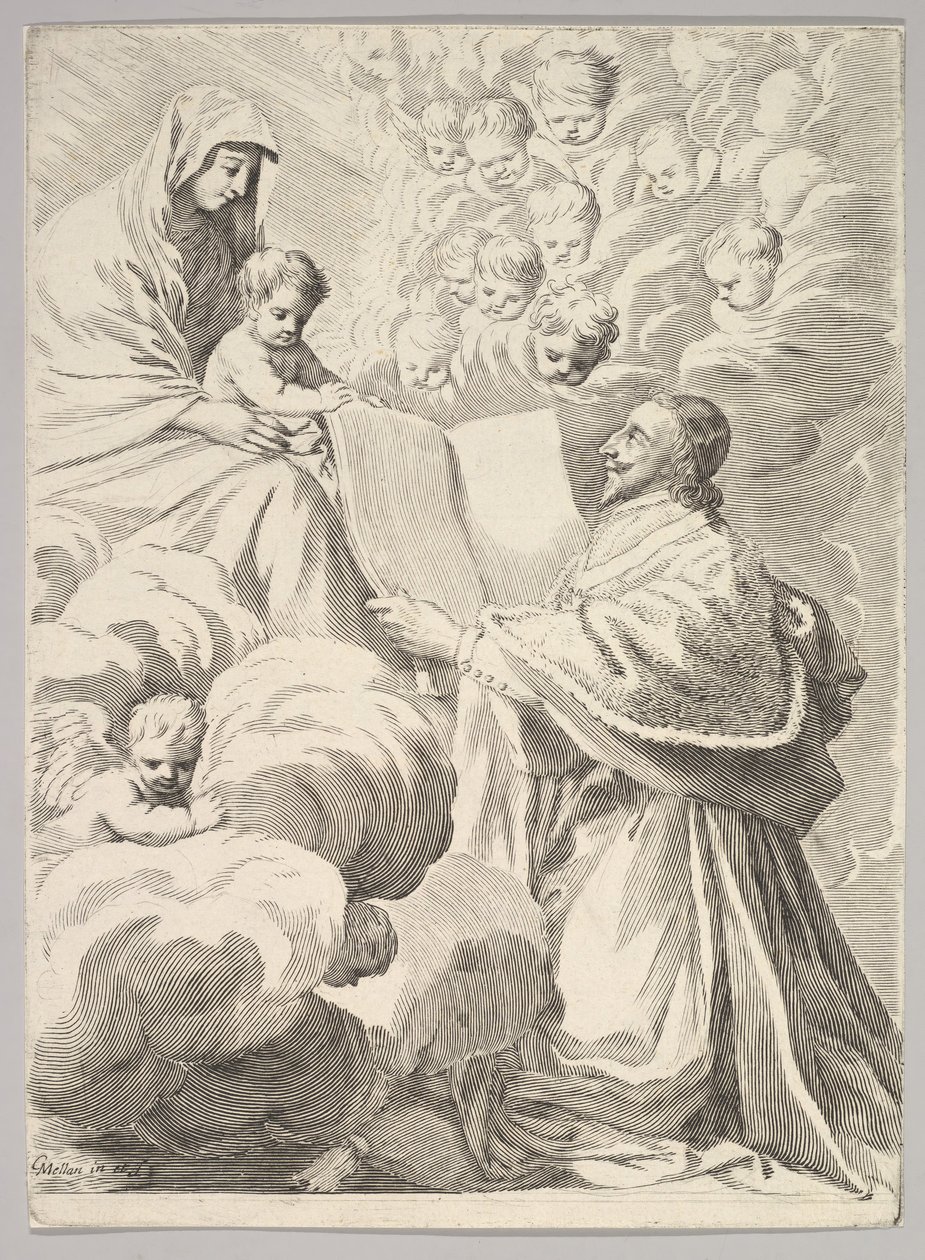 Kardinaali Richelieu, polvillaan, esittelee kirjansa neitsyelle ja lapselle, n. 1646. tekijältä Claude Mellan