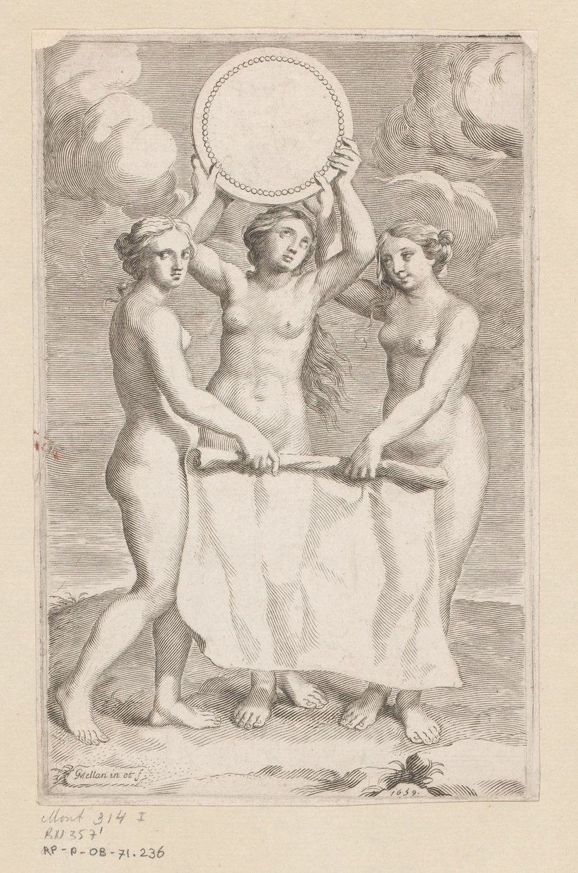 Kolme Gracea ja medaljonki Nimisivu: Balthazar de Vias, Charitum libri tres, 1660 tekijältä Claude Mellan