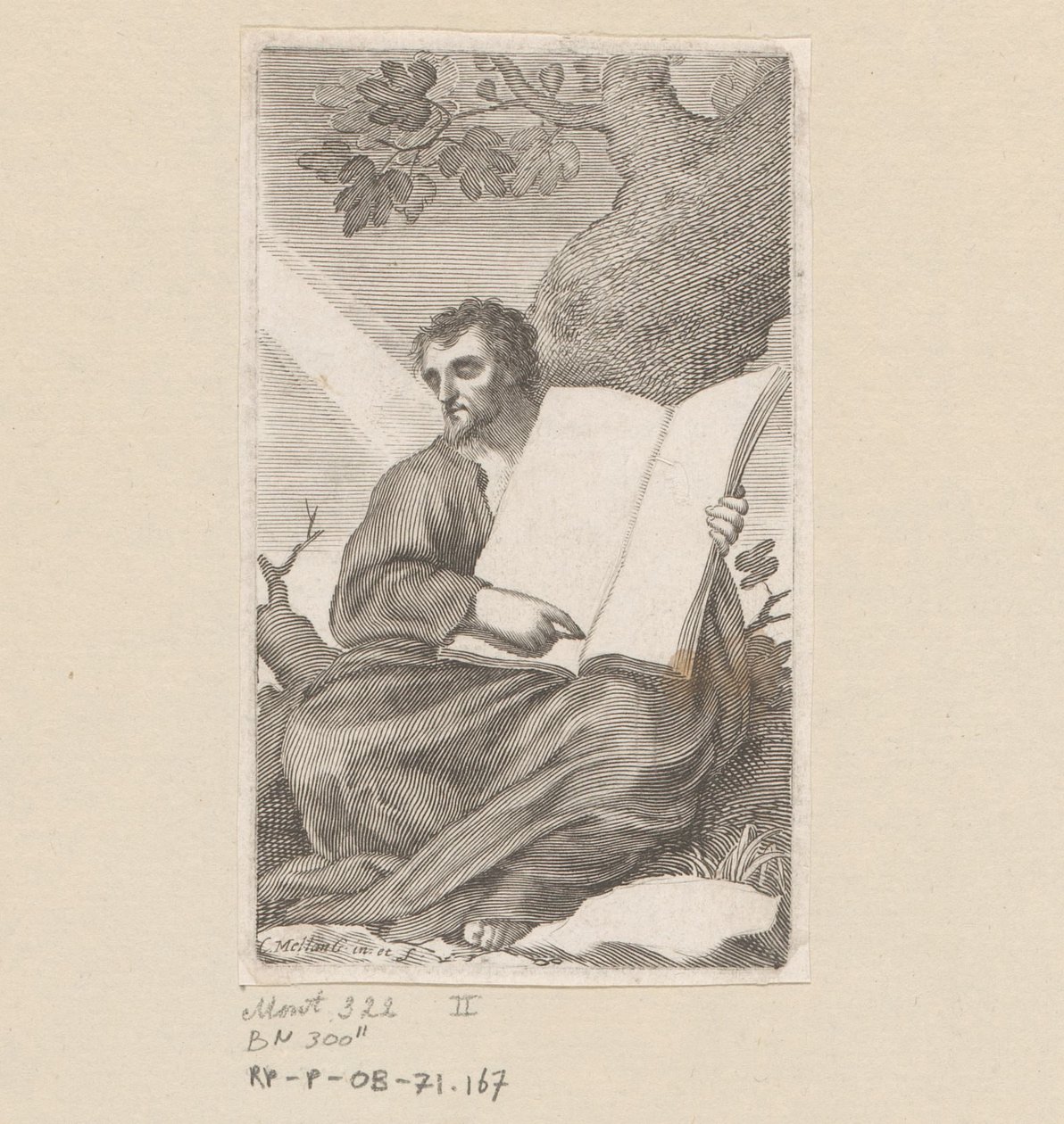 Pyhä Augustinus istuu puun juurella Nimisivu: Les Confessions de Saint Augustin, 1639 tekijältä Claude Mellan