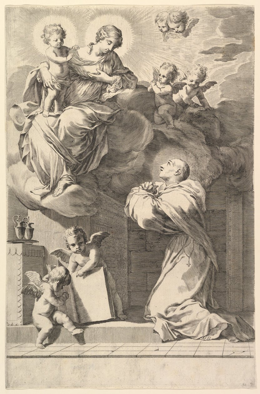 Pyhä Bernard polvistumassa Neitsyen ja Lapsen edessä, 1640. tekijältä Claude Mellan