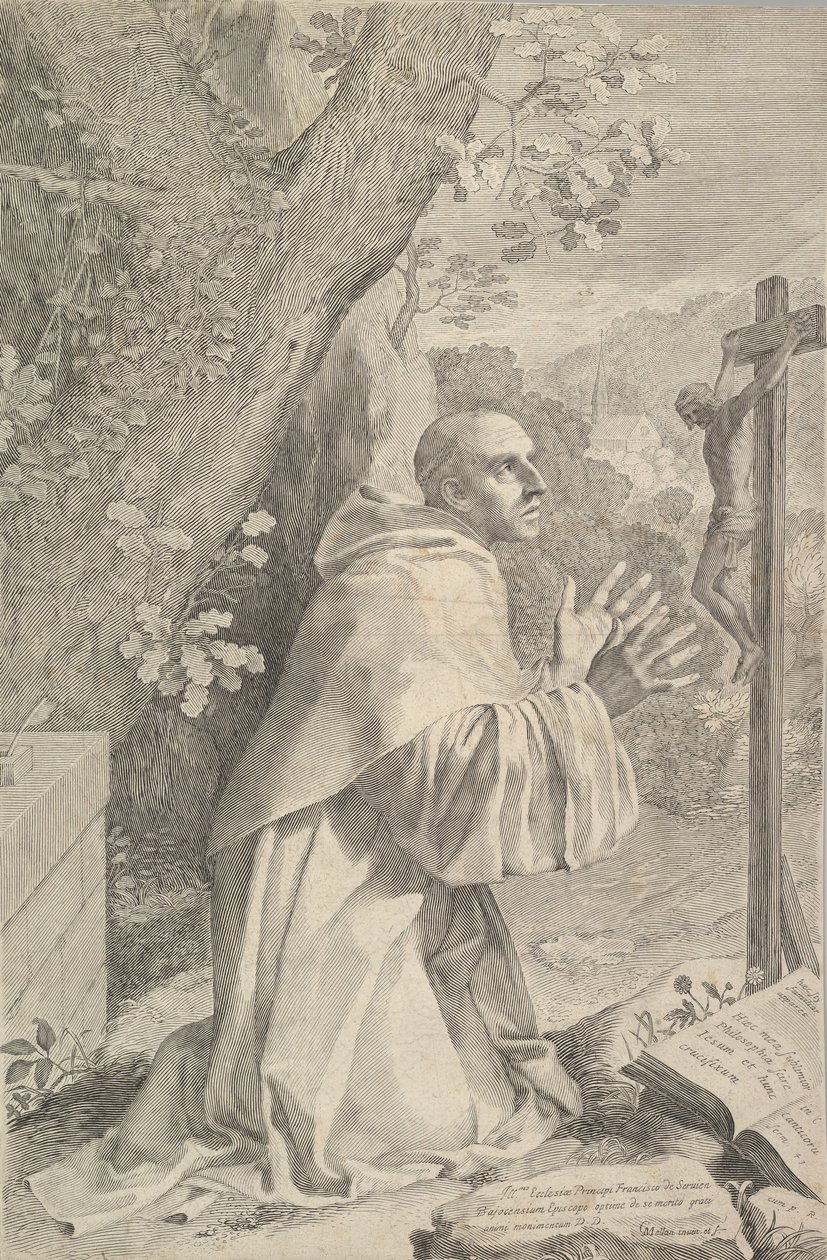 St. Bernard polvistumassa ennen krusifiksia, n. 1655. tekijältä Claude Mellan