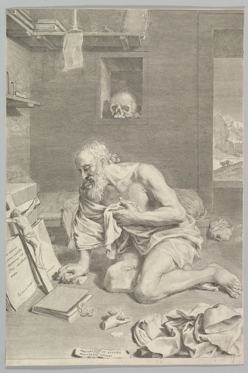 Pyhä Hieronymus rukoilemassa sellissään Pyhä Hieronymus katuva, 1665. tekijältä Claude Mellan