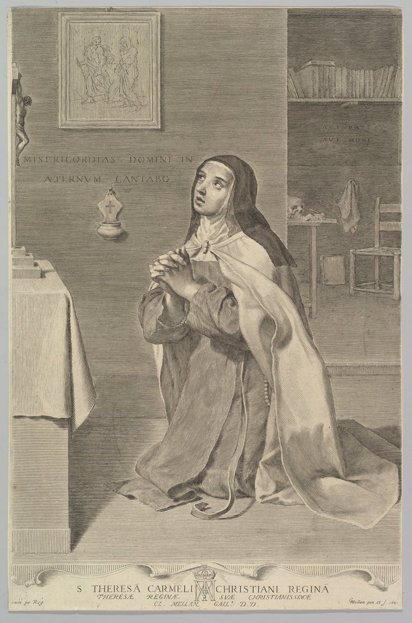 Pyhä Teresa polvistumassa rukouksessa, 1661. tekijältä Claude Mellan