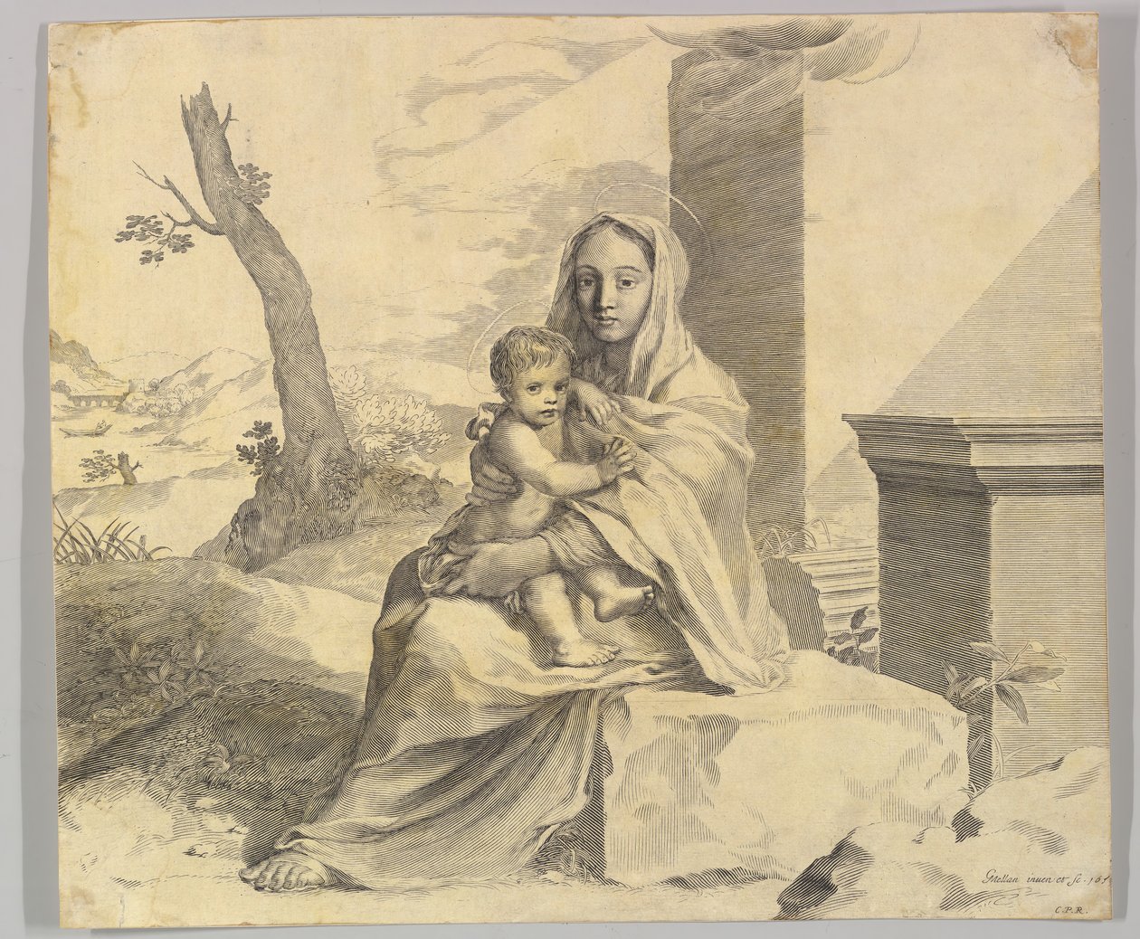 Neitsyt ja lapsi istuvat kalliolla Neitsyt ja lapsi raunioissa, 1659. tekijältä Claude Mellan