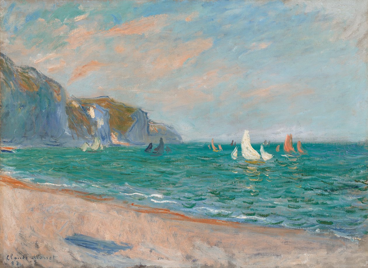 Veneet Pourvillen kallioiden alapuolella; Veneitä Pourvillen kallioiden edessä, 1882 tekijältä Claude Monet