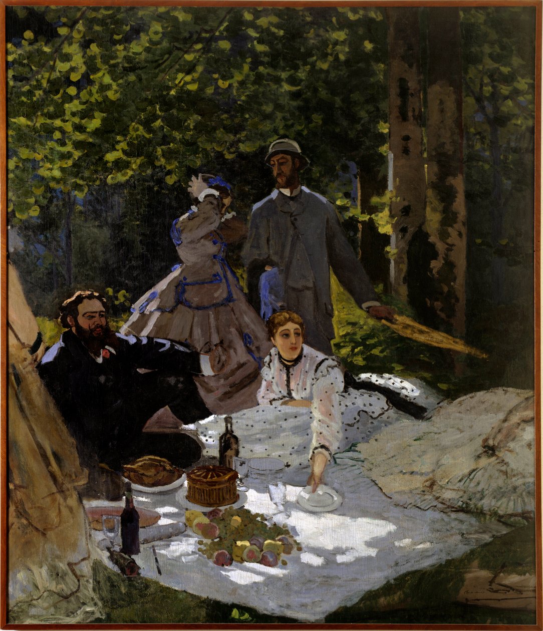 Aamiainen nurmikolla Fragmentti. Vasen osa. Oikea puoli: edustus vasemmalta oikealle Gustave Courbet, Camille Doncieux ja Frederic Bazille (seisomassa keskellä). Claude Monet