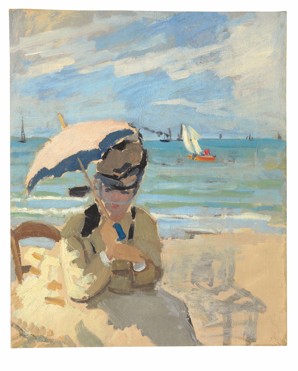 Camille istuu rannalla Trouvillessa tekijältä Claude Monet