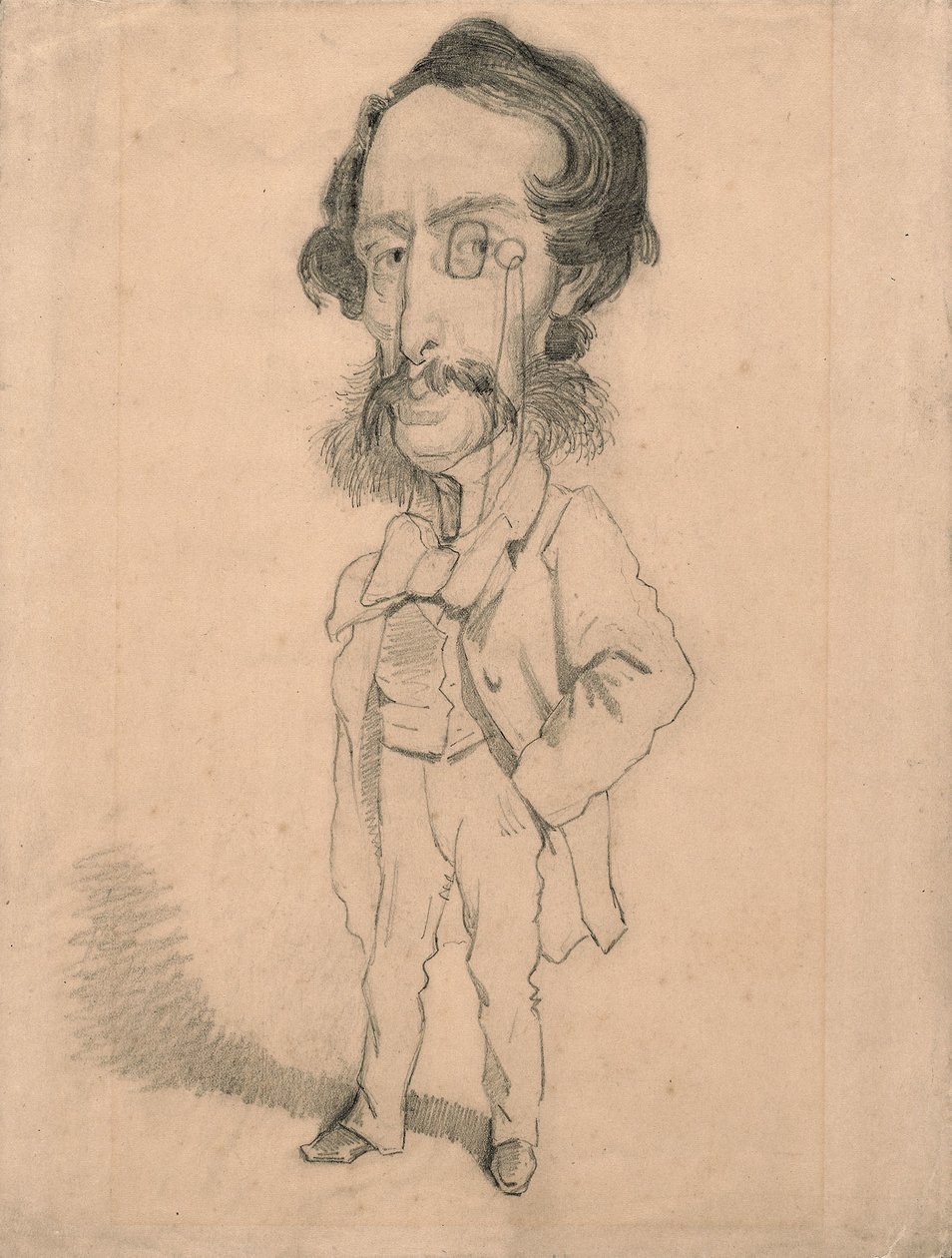 Karikatyyri Mario Uchardista, n. 1858 (grafiitti, jossa on pyyhkäisyä ja tummumista ruskean kudospaperin päällä) tekijältä Claude Monet