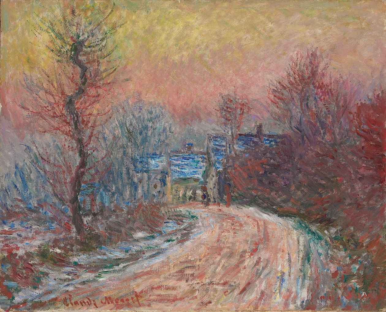 Sisäänpääsy Givernyyn talvella, auringonlasku; Sisäänkäynti Givernyyn talvella, laskeva aurinko, 1885 tekijältä Claude Monet