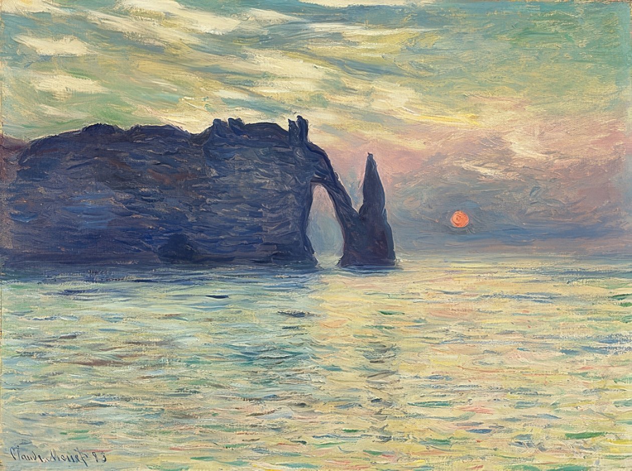 Rocks, Étretat, auringonlasku. 1882-83 tekijältä Claude Monet