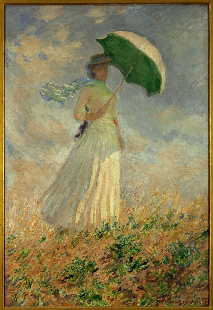 Nainen sateenvarjon kanssa kääntymässä oikealle ... (öljy kankaalle) tekijältä Claude Monet