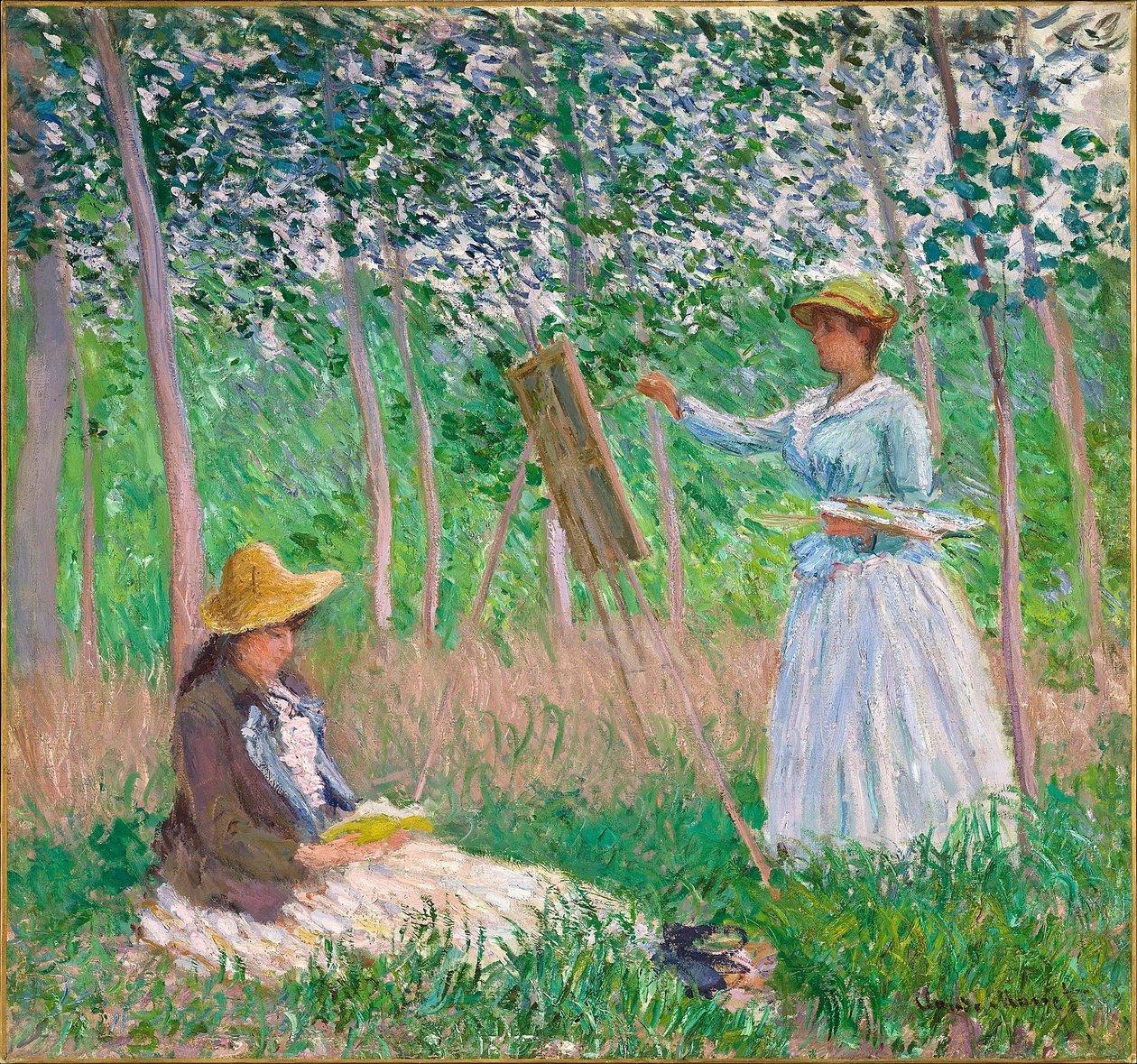 Metsässä Givernyssä- Blanche Hoschedé hänen maalauksessaan Suzanne Hoschedé Readingin kanssa tekijältä Claude Monet