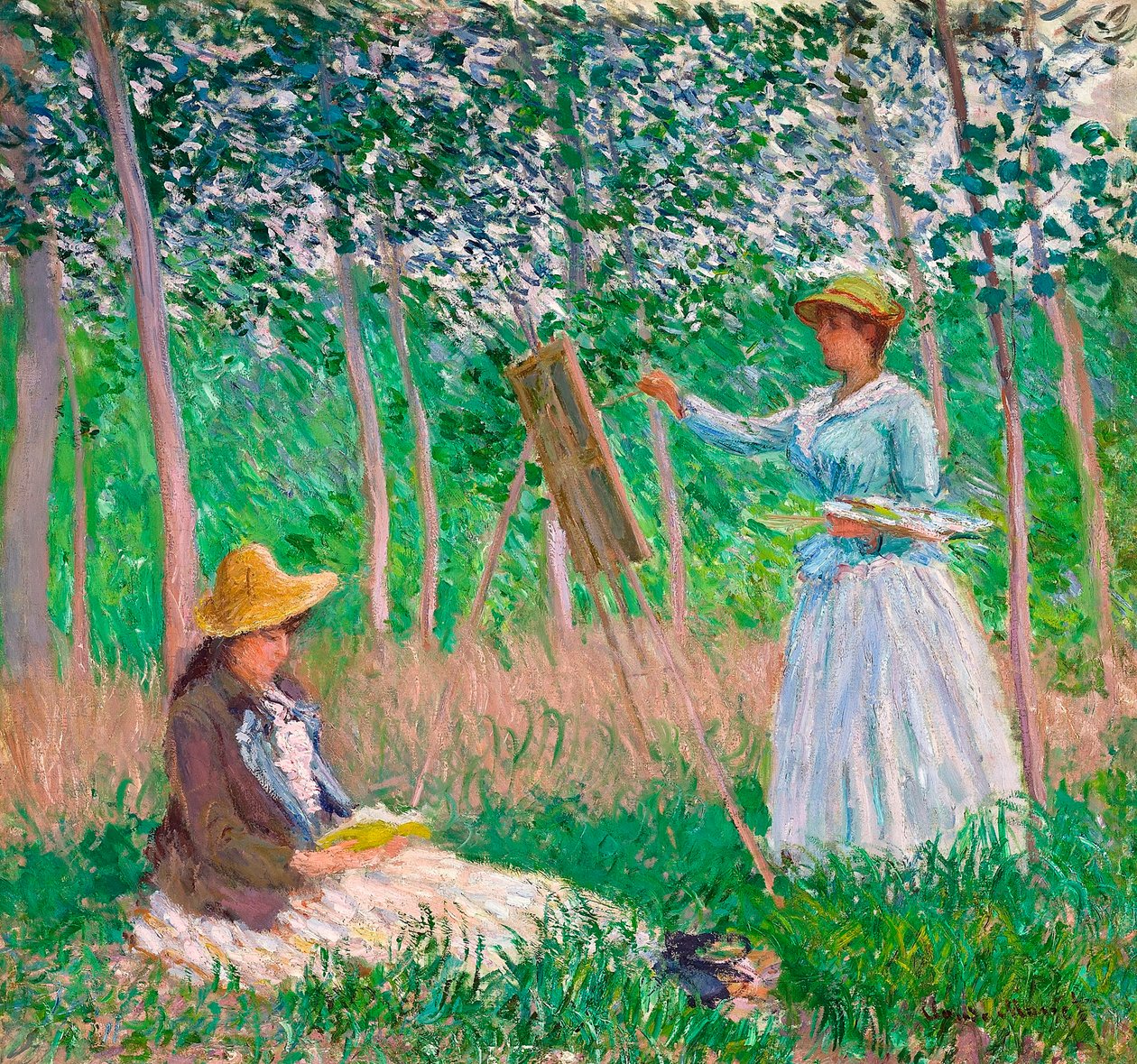 Givernyn metsässä: Blanche Hoschedé maalaustelinessaan Suzanne Hoschedé Readingin kanssa, 1887 tekijältä Claude Monet