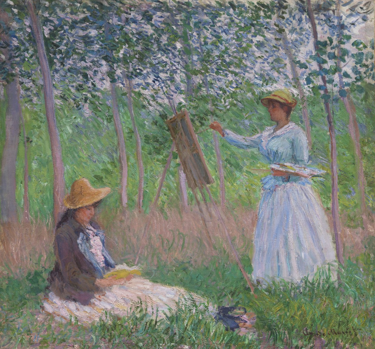 Givernyn metsässä: Blanche Hoschedé maalaustelineen ääressä, vieressään lukeva Suzanne Hoschedé tekijältä Claude Monet