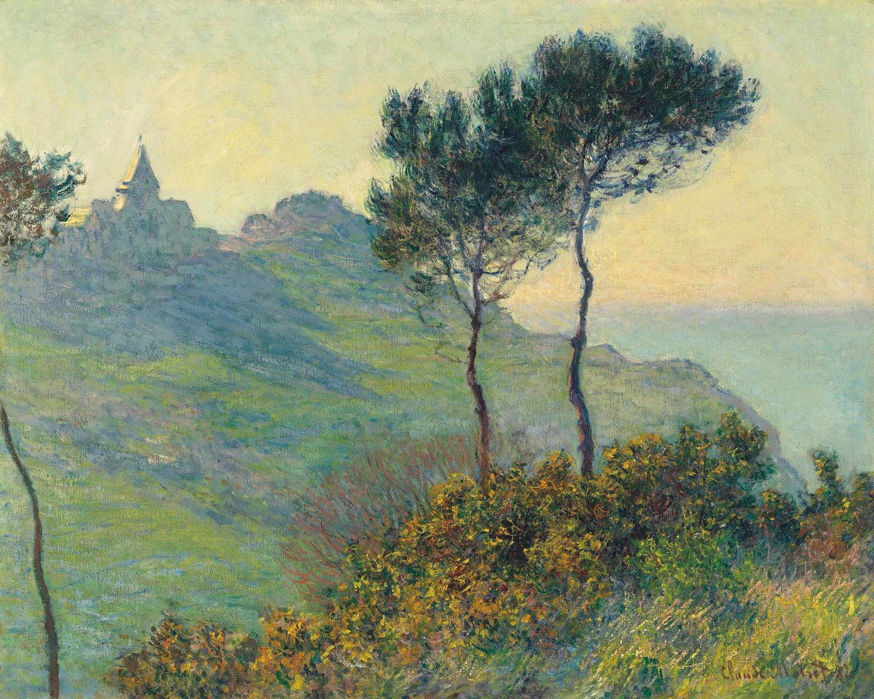 Varengevillen kirkko, laskeva aurinko tekijältä Claude Monet