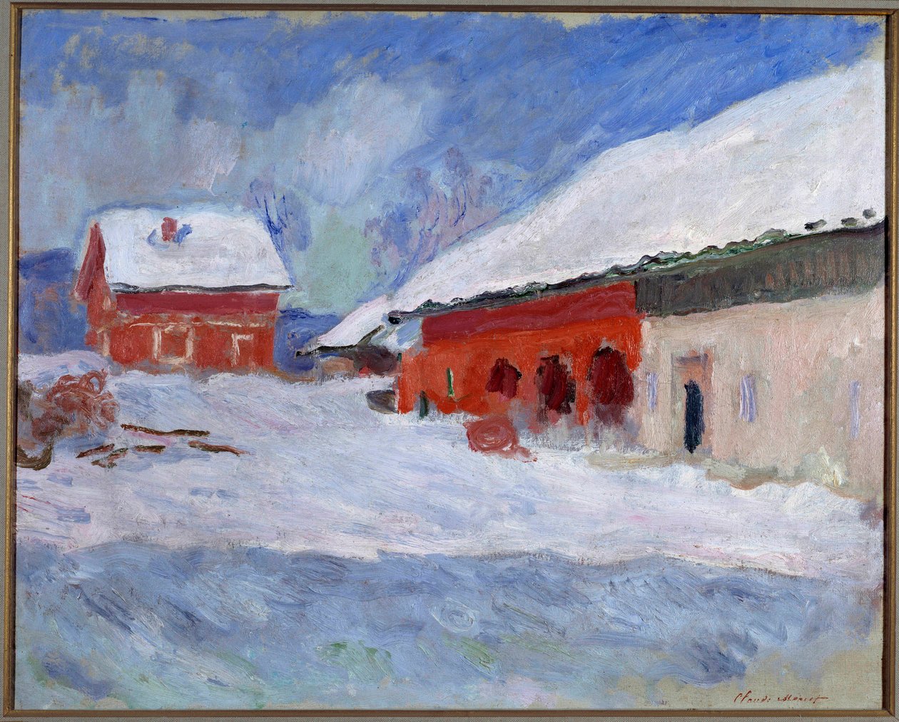 Norjan maisema, taloja lumen alla tekijältä Claude Monet