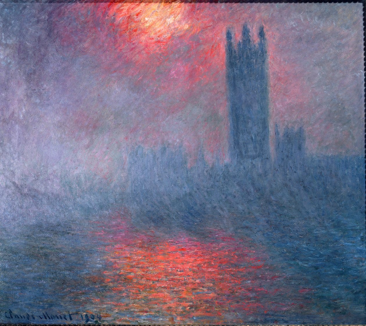 Lontoo, parlamentti, auringonpaiste sumussa tekijältä Claude Monet