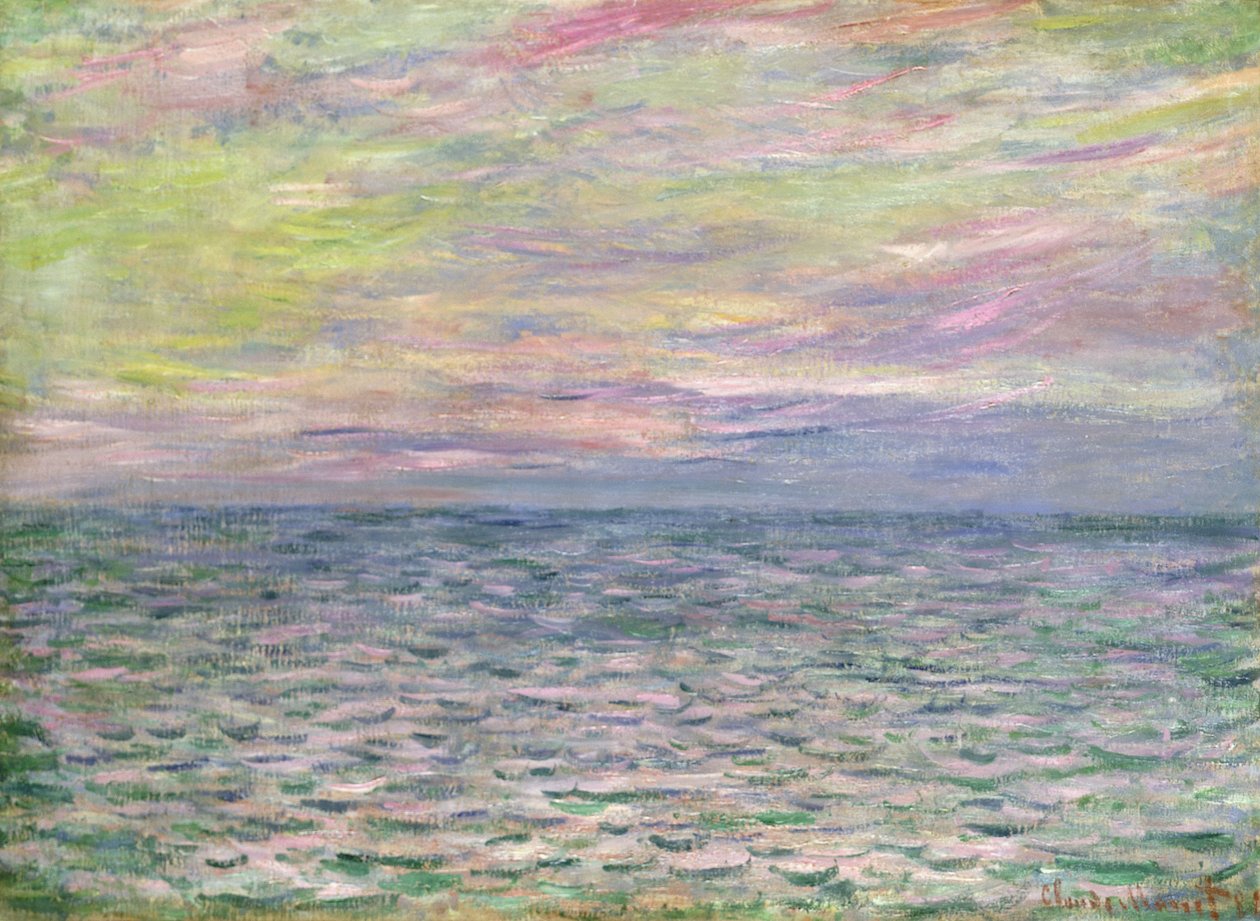 Aavalla merellä, auringonlasku Pourvillessä; Auringonlasku Pourvillessä, Open Sea, 1882 tekijältä Claude Monet