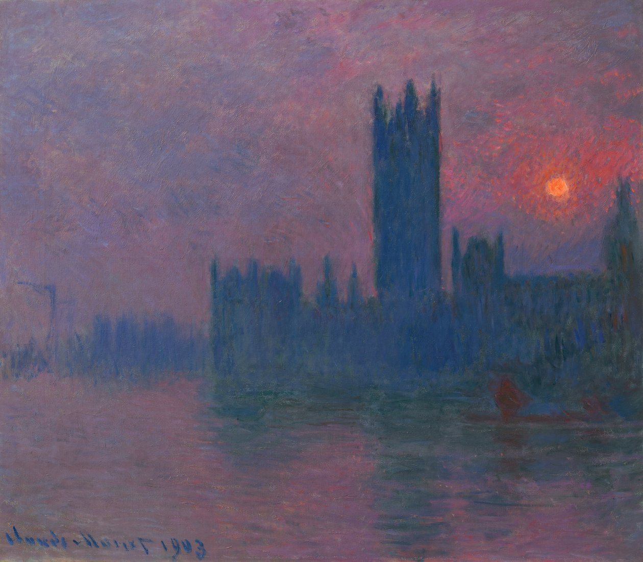 Parlamentti, laskeva aurinko, n. 1900-03 (öljy kankaalle) tekijältä Claude Monet