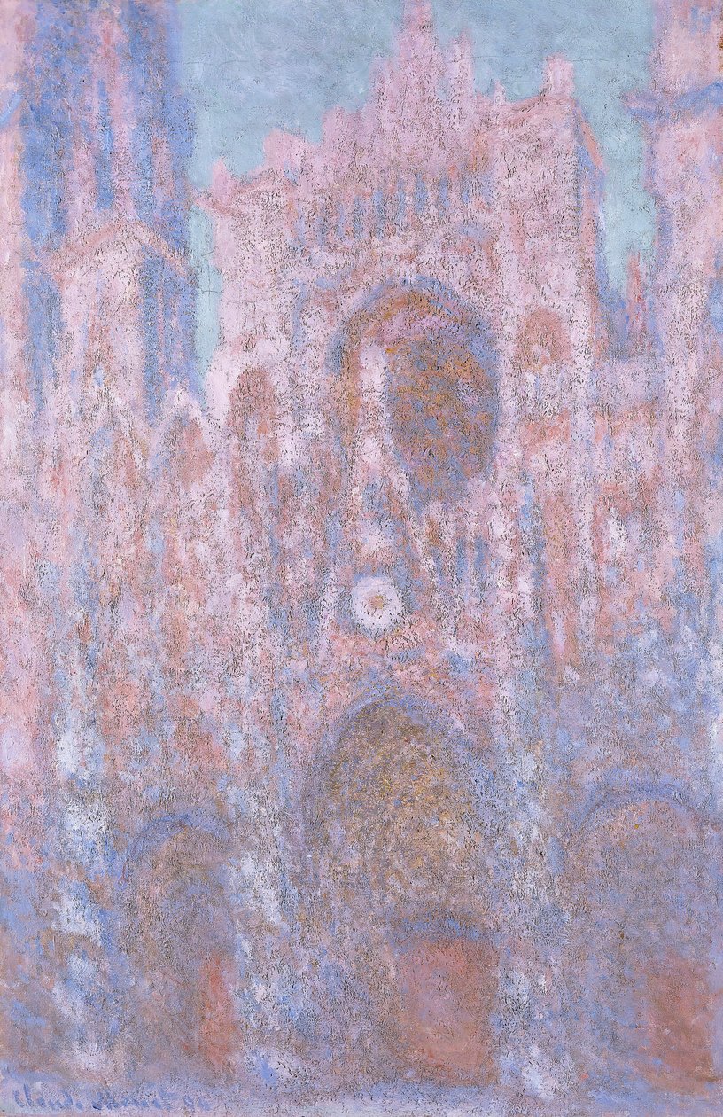 "Rouenin katedraali: laskevan auringon sinfonia harmaana ja vaaleanpunaisena", 1892-94 tekijältä Claude Monet