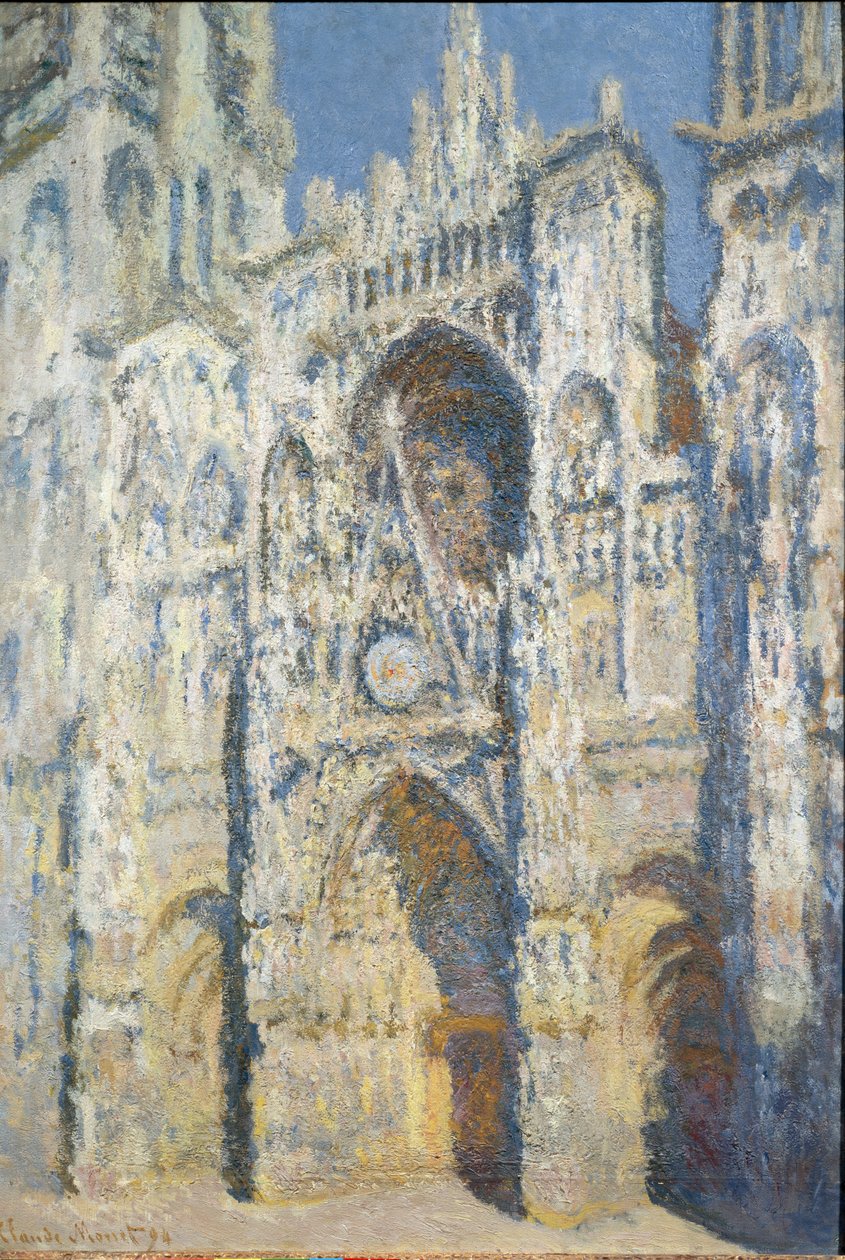 Rouenin katedraali, portaali ja torni Saint Romain, täysi aurinkoefekti, sininen harmonia ja kulta - öljy kankaalle tekijältä Claude Monet