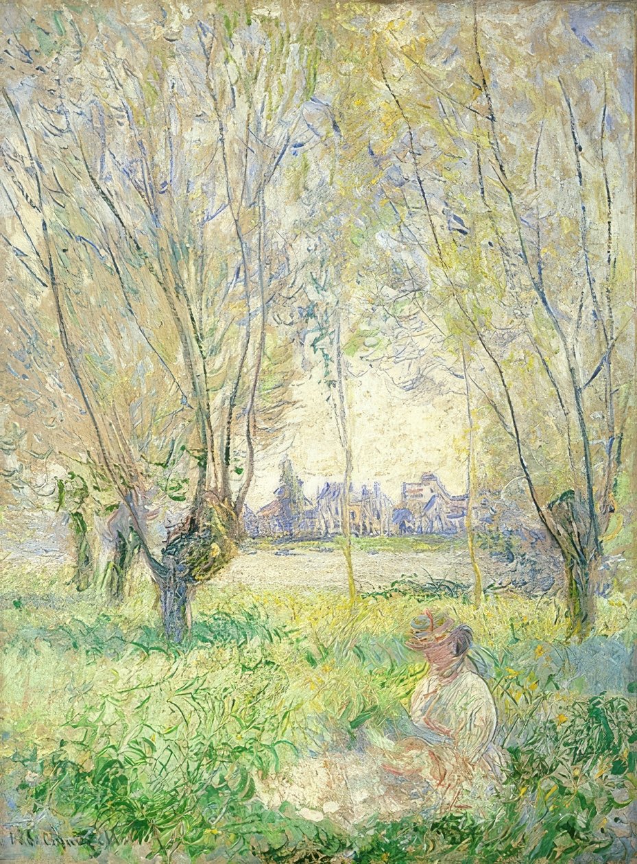 Istuva nainen pajujen keskellä. 1880 tekijältä Claude Monet