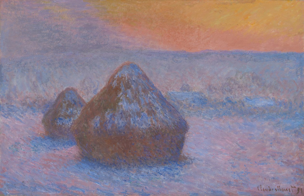 Stacks of Wheat Sunset, Snow Effect, 189091. tekijältä Claude Monet