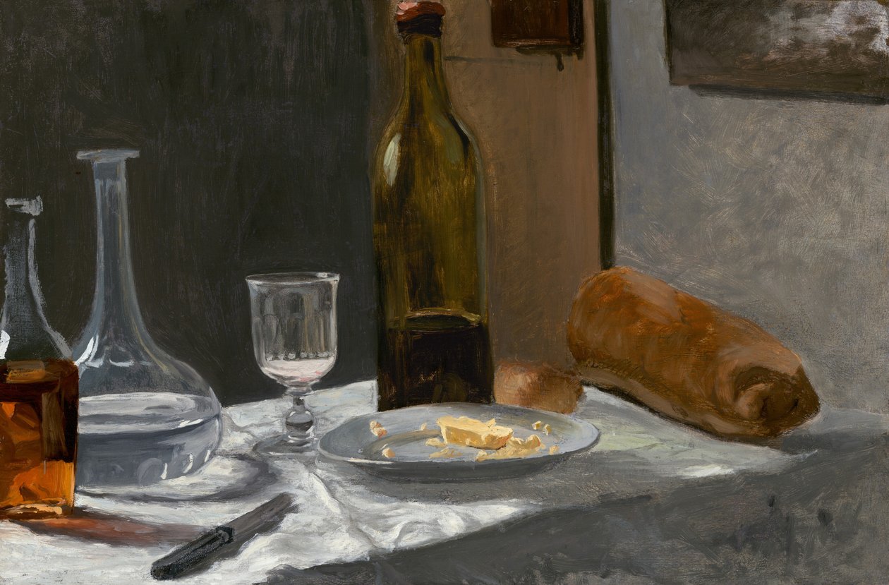 Asetelma pullon, karahvin, leivän ja viinin kanssa, c. 1862-63 (öljy kankaalle) tekijältä Claude Monet