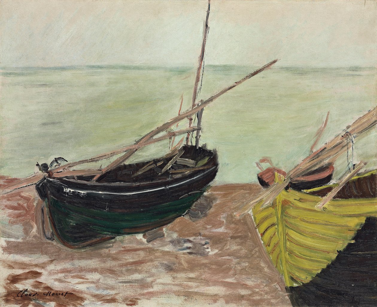 Veneiden tutkimus Etretat Beachillä; Tutkimus veneistä Etretatin rannalla, 1885 tekijältä Claude Monet