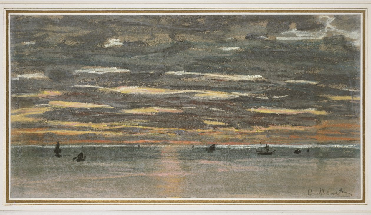 Auringonlasku merellä, 1865-1870 (pastelli, paperi) tekijältä Claude Monet