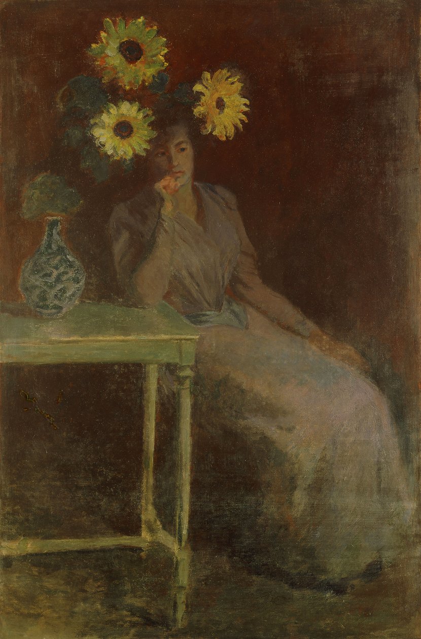 Suzanne auringonkukan kanssa; Suzanne aurinkojen kanssa, n. 1889 tekijältä Claude Monet
