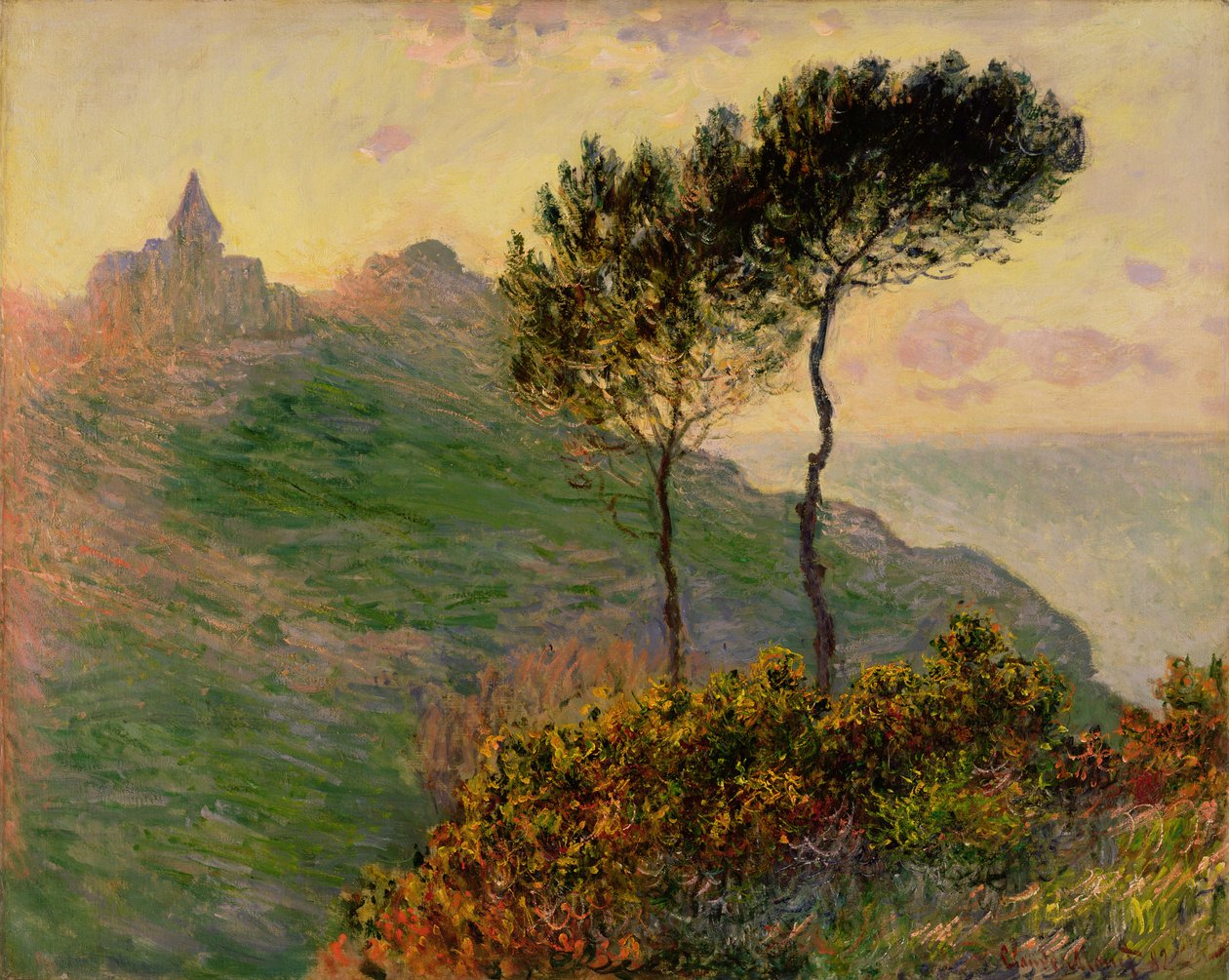 Varengevillen kirkko auringonvaloa vastaan tekijältä Claude Monet