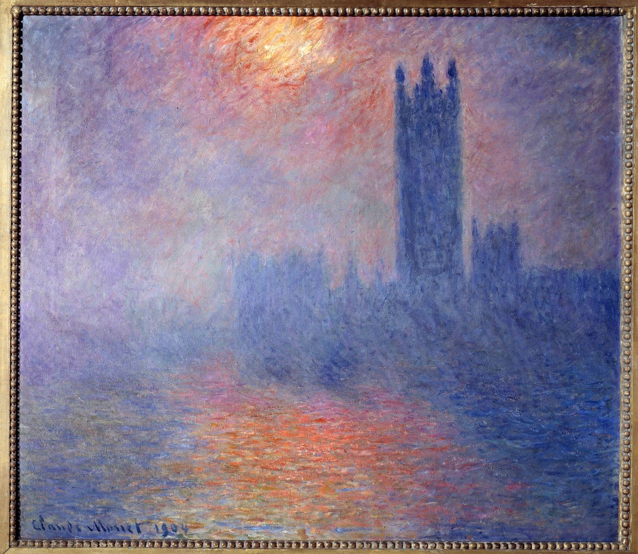 Lontoon parlamenttitalo auringon tunkeutuessa sumun läpi tekijältä Claude Monet