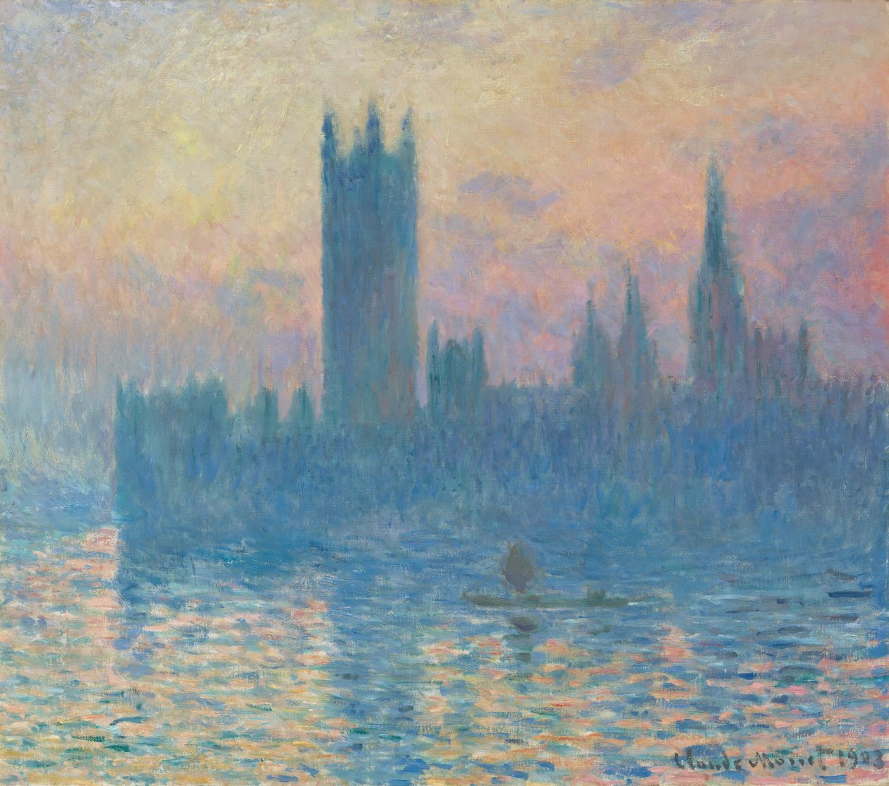Parlamenttitalo, auringonlasku, 1903. tekijältä Claude Monet