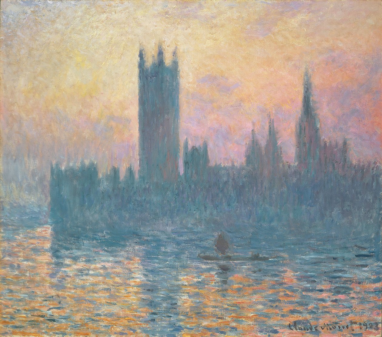 Parlamenttitalo, auringonlasku, 1903 tekijältä Claude Monet