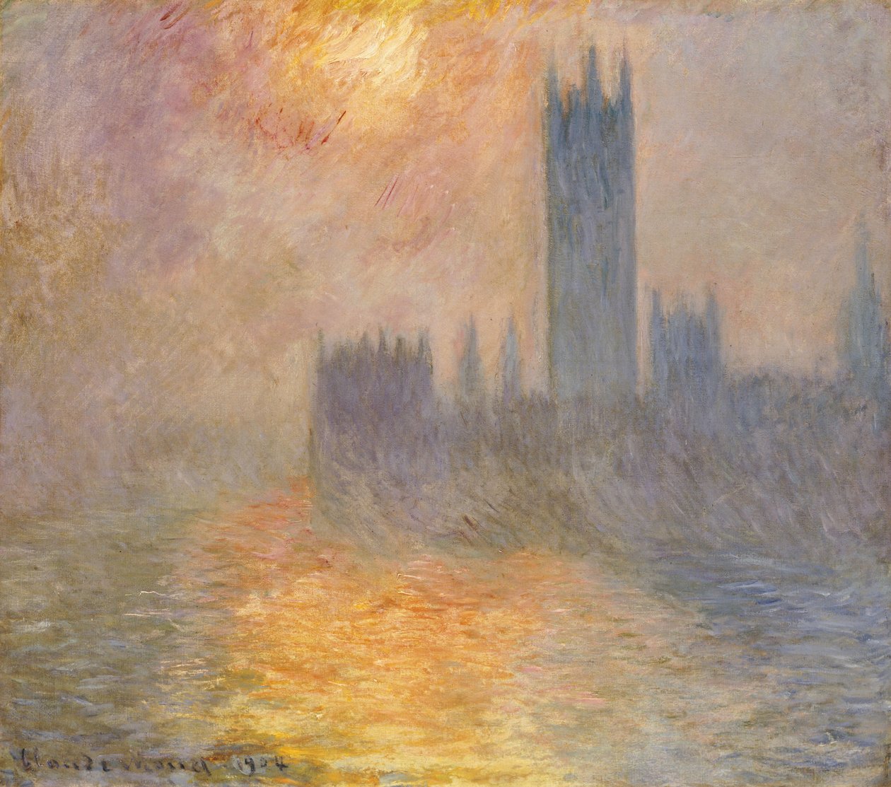 Parlamenttitalo, auringonlasku, 1904 tekijältä Claude Monet
