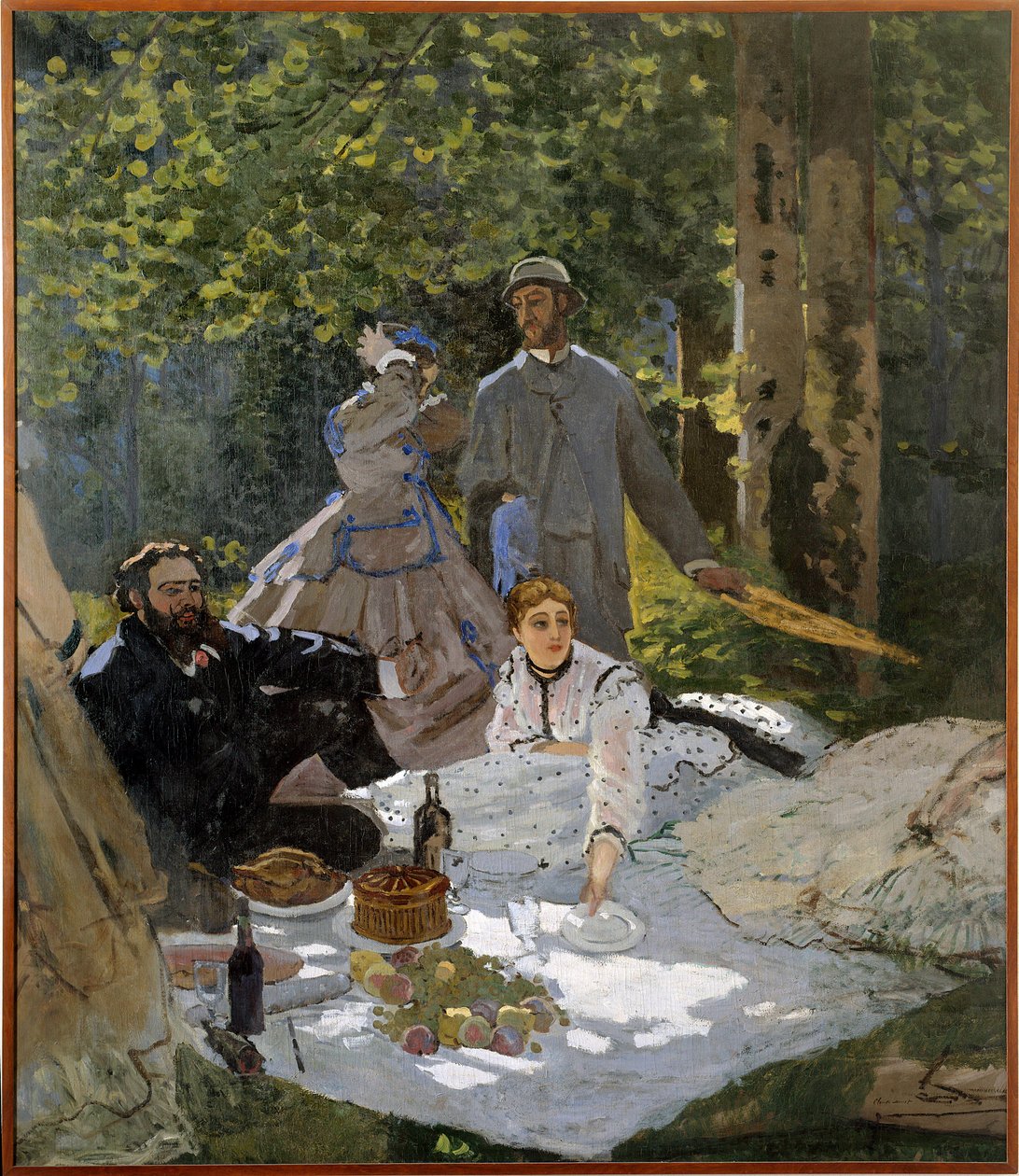 Aamiainen nurmikolla (Frederic Bazillen (1841-1870) muotokuva keskustassa, Camille Doncieux (1847-1879) ja Gustave Courbet (1819-1877) Gauche) tekijältä Claude Monet
