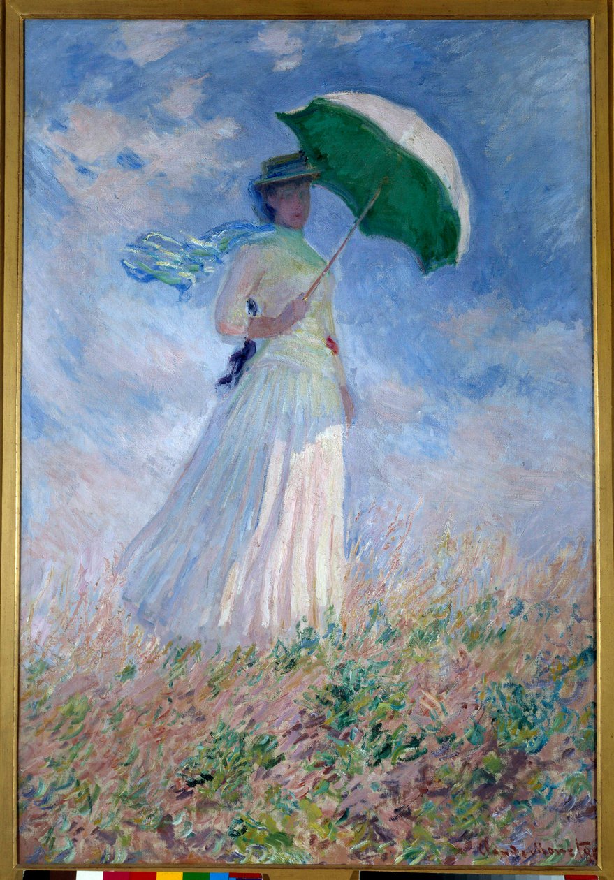 Nainen, jolla on päivänvarjo käännettynä oikealle tekijältä Claude Monet