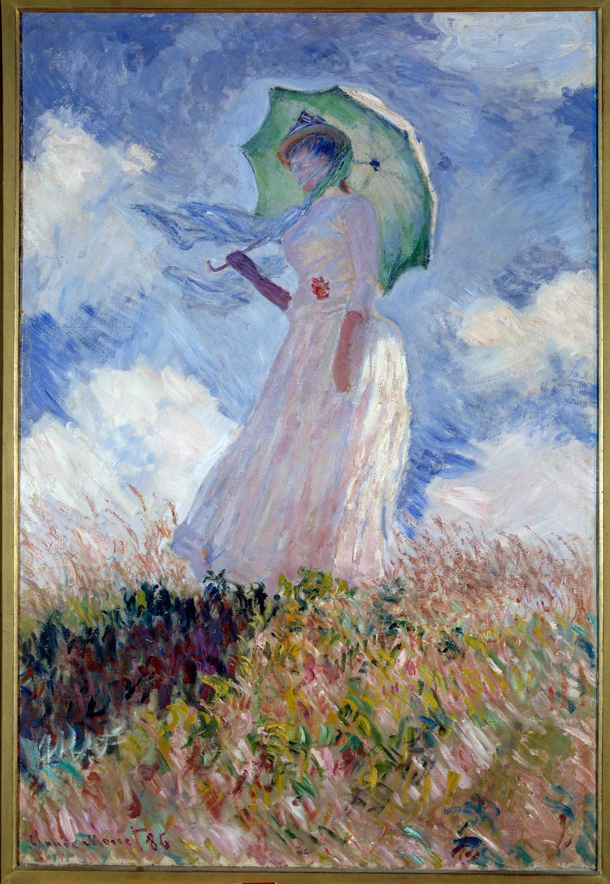 Nainen päivänvarjoineen käännettynä vasemmalle tekijältä Claude Monet