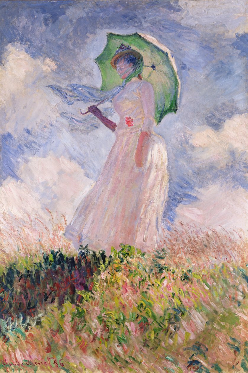 Nainen päivänvarjoineen kääntyi vasemmalle, 1886 tekijältä Claude Monet
